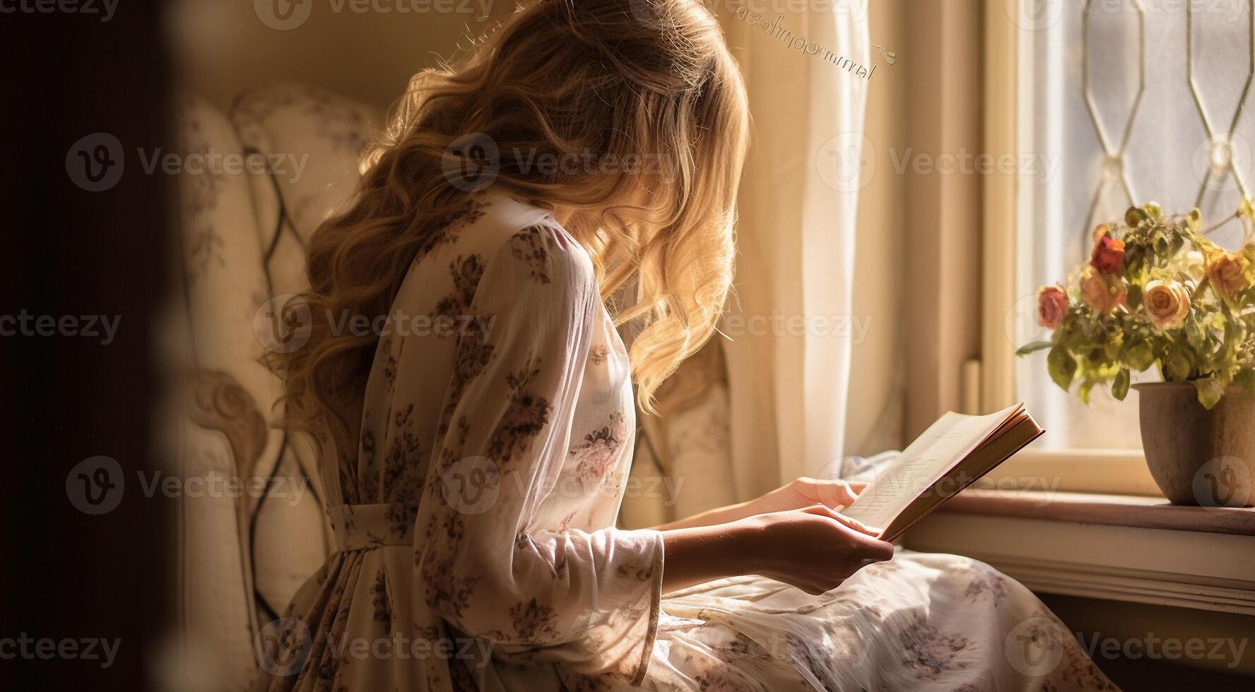 AI generated close-up of a girl reading book, girl with book, pretty young woman learning with book, wooman with book photo