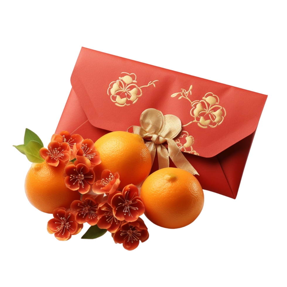 AI generated Mandarin Orange On Red Envelopes png