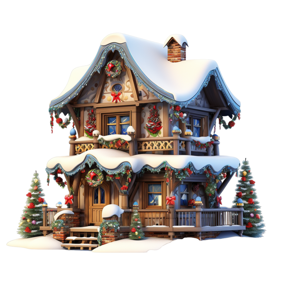 ai gegenereerd knus houten huis met Kerstmis decoraties en sneeuw png