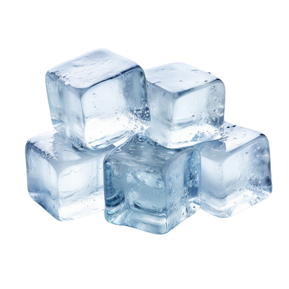 AI generated Group of three realistic translucent ice cubes in blue color with reflection png