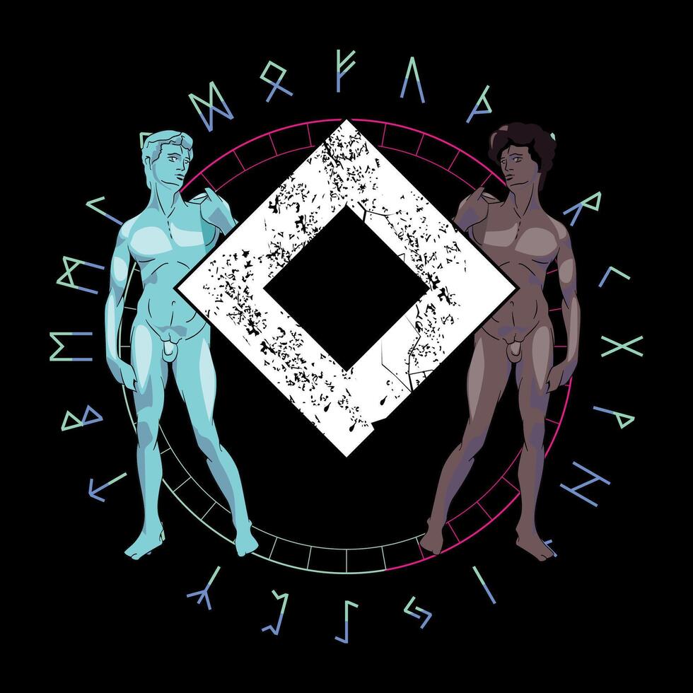 T-shirt design of the runic alphabet in circular format next to two naked young men. Runic letter called Ingwaz. Michelangelo's David with different skin colors. vector