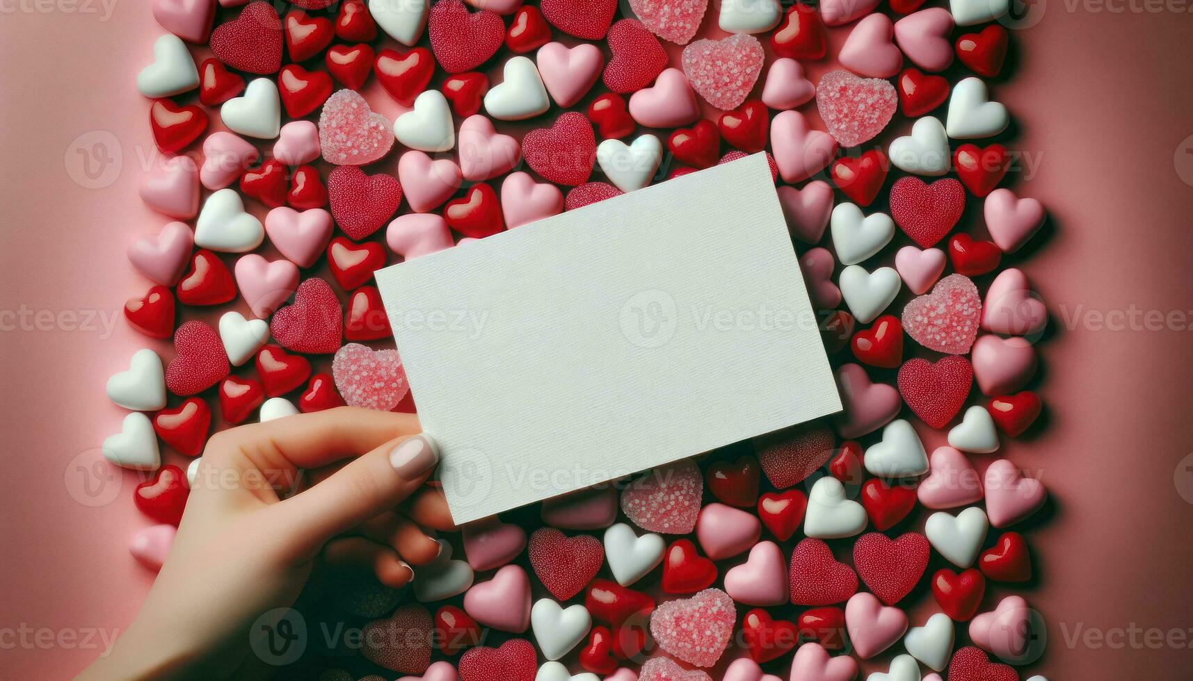 AI generated Message of Love Blank Card with Heart Candies photo