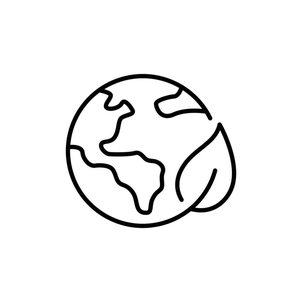 Green earth planet icon. Simple outline style. World ecology, globe with leafs, eco environment logo, save nature concept. Thin line symbol. Vector illustration isolated.