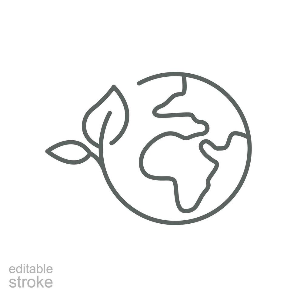 Green earth planet icon. Simple outline style. World ecology, globe with leafs, eco environment logo, save nature concept. Thin line symbol. Vector illustration isolated. Editable stroke.