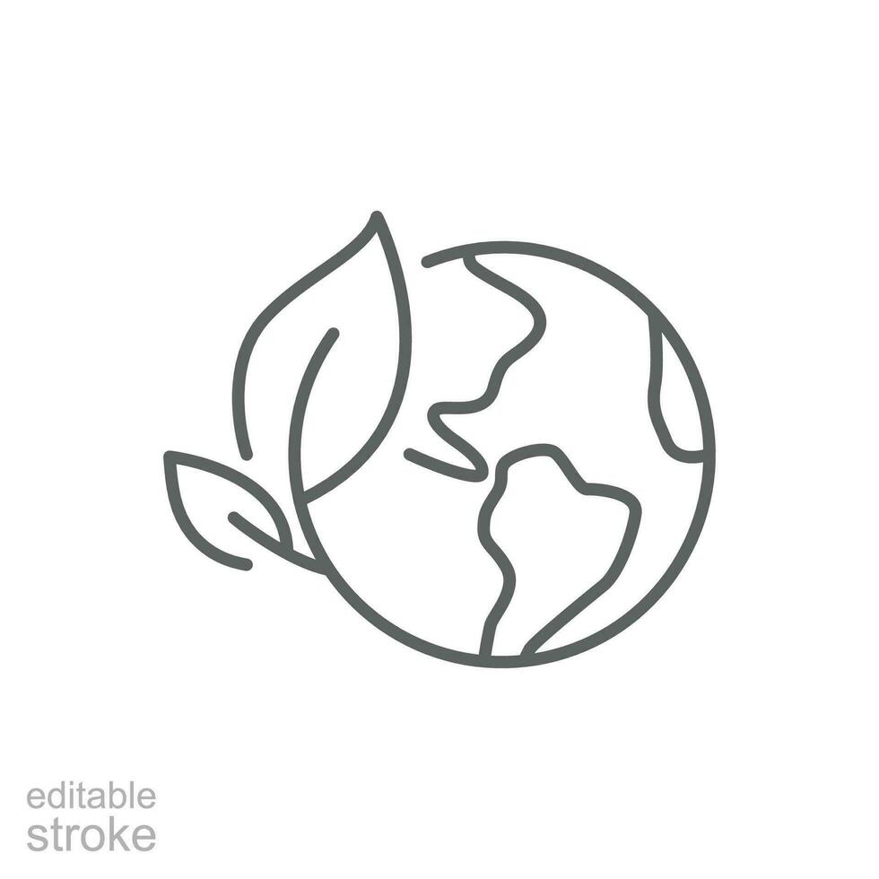 Green earth planet icon. Simple outline style. World ecology, globe with leafs, eco environment logo, save nature concept. Thin line symbol. Vector illustration isolated. Editable stroke.