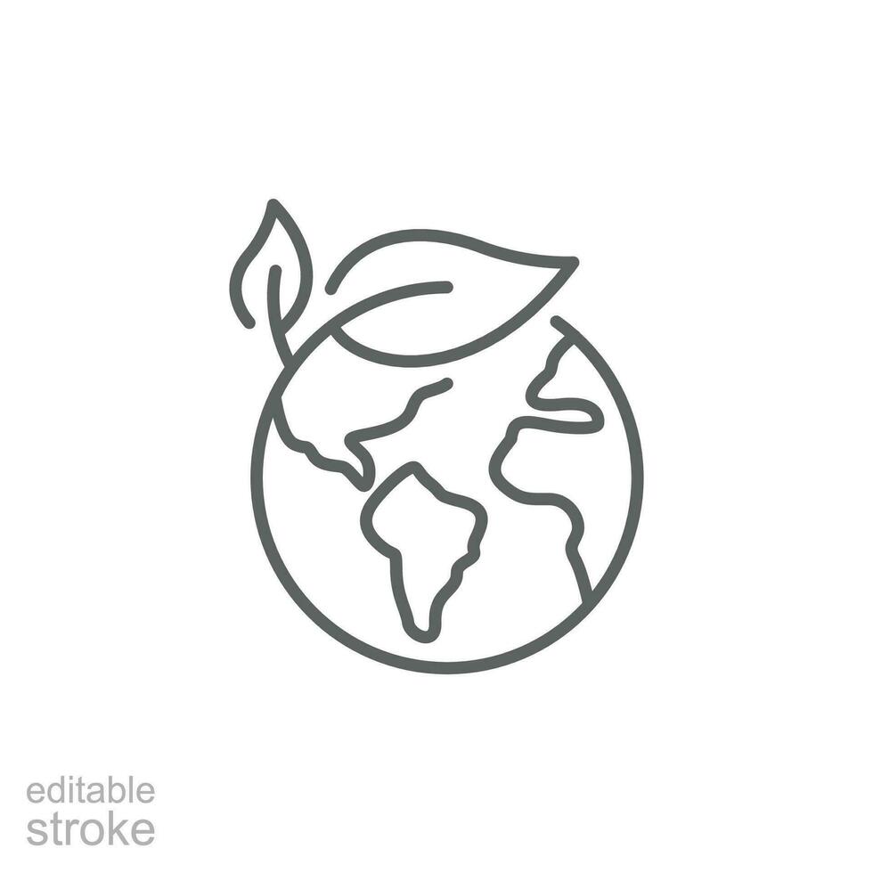 Green earth planet icon. Simple outline style. World ecology, globe with leafs, eco environment logo, save nature concept. Thin line symbol. Vector illustration isolated. Editable stroke.