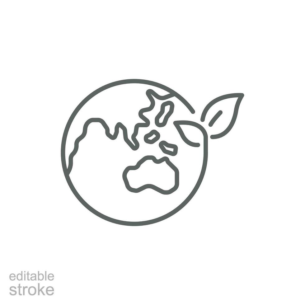 Green earth planet icon. Simple outline style. World ecology, globe with leafs, eco environment logo, save nature concept. Thin line symbol. Vector illustration isolated. Editable stroke.