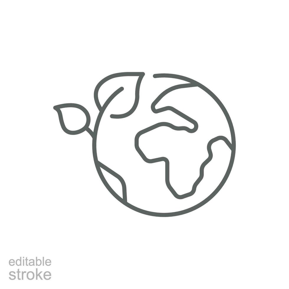 Green earth planet icon. Simple outline style. World ecology, globe with leafs, eco environment logo, save nature concept. Thin line symbol. Vector illustration isolated. Editable stroke.