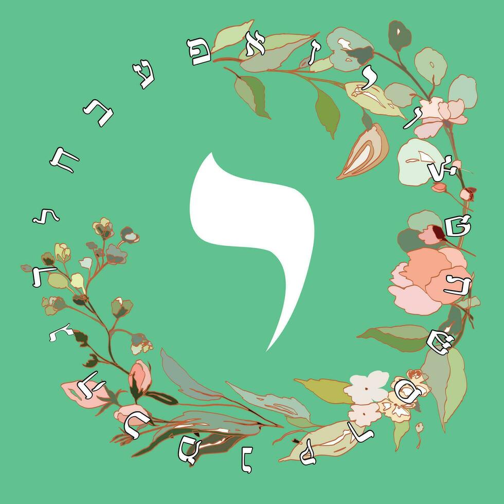 Vector illustration of the Hebrew alphabet with floral design. Hebrew letter called Yod white on green background.