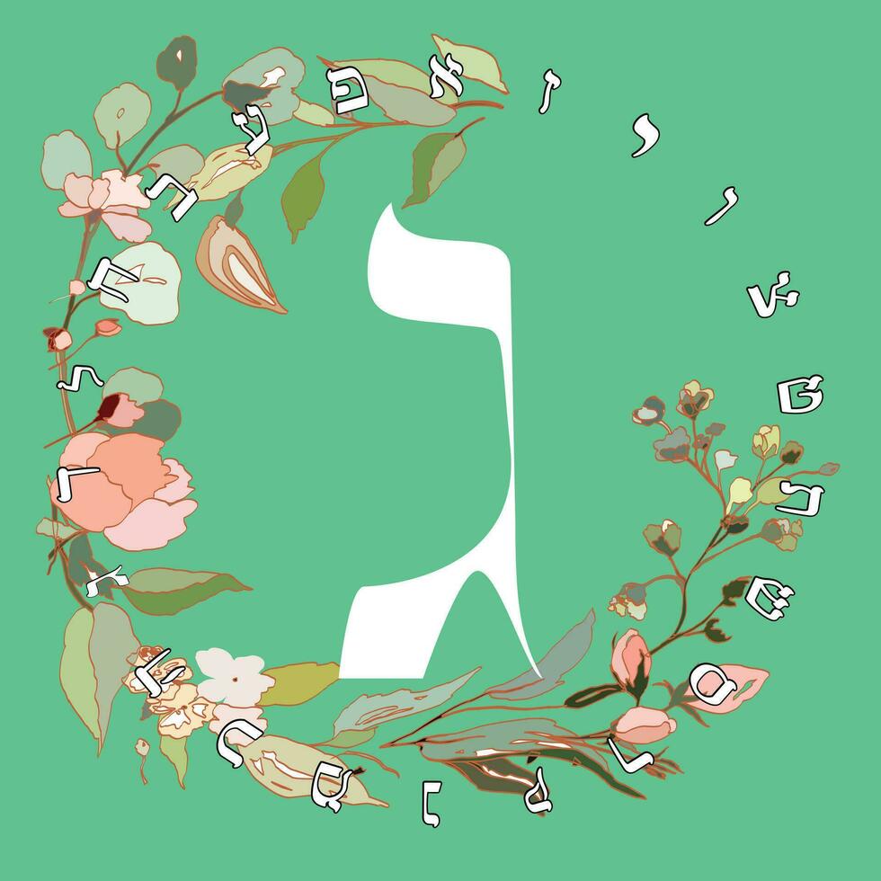 Vector illustration of the Hebrew alphabet with floral design. Hebrew letter called Gimel white on green background.