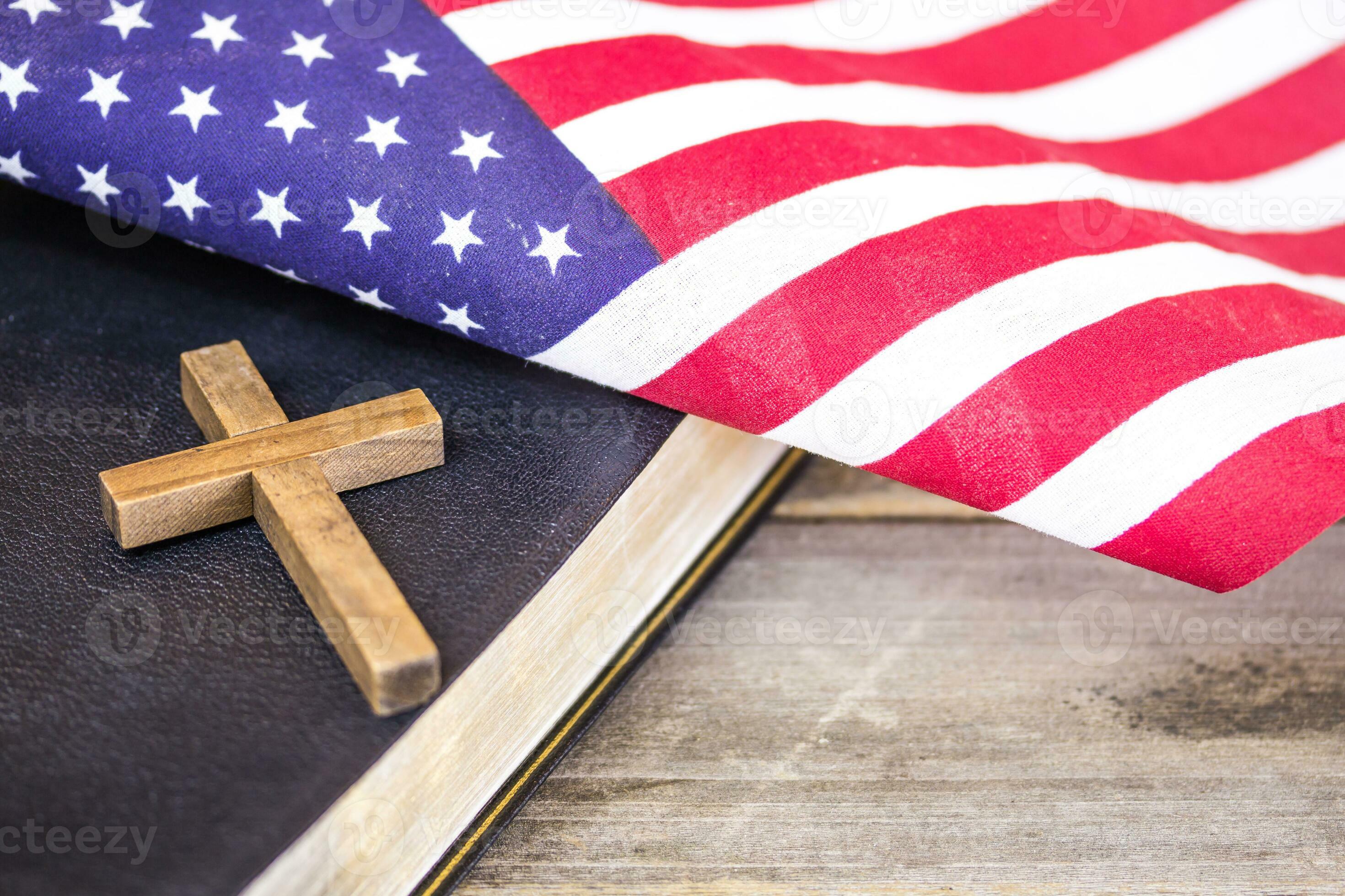 American Flag with Christain Cross and Holy Bible 36114169 Stock Photo