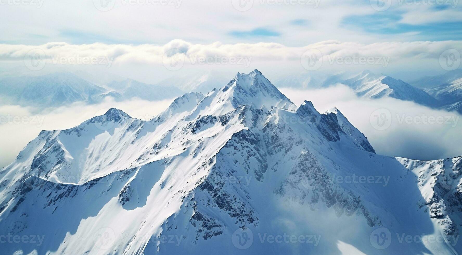 AI generated panorama of the mountains, view from the top of the mountain, snowy mountain, snow covered mountains in winter photo