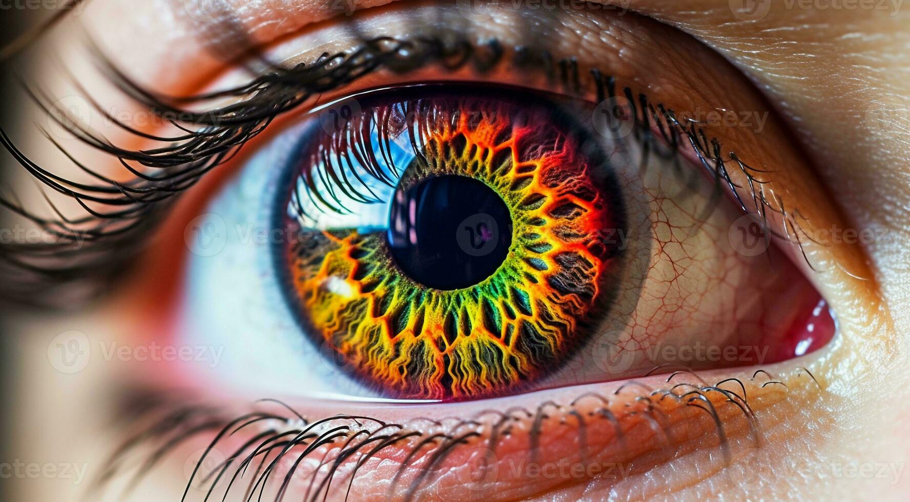 AI generated close up of eye, close up of a female eye, colored eye background, female eye background photo
