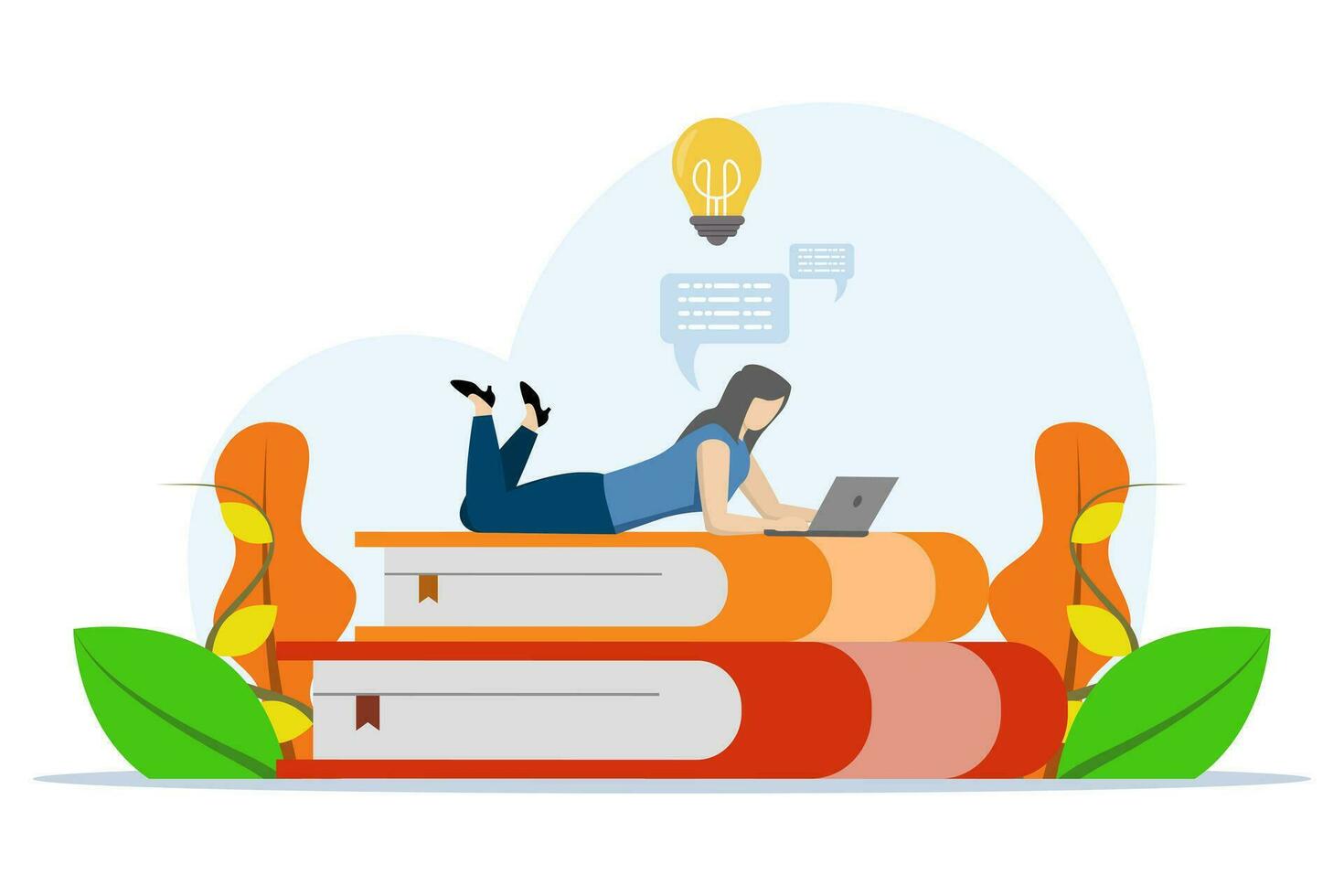 concept of distance learning and self-education, income, about a girl lying on a pile of books with a laptop, young female student character. Flat vector illustration on white background.