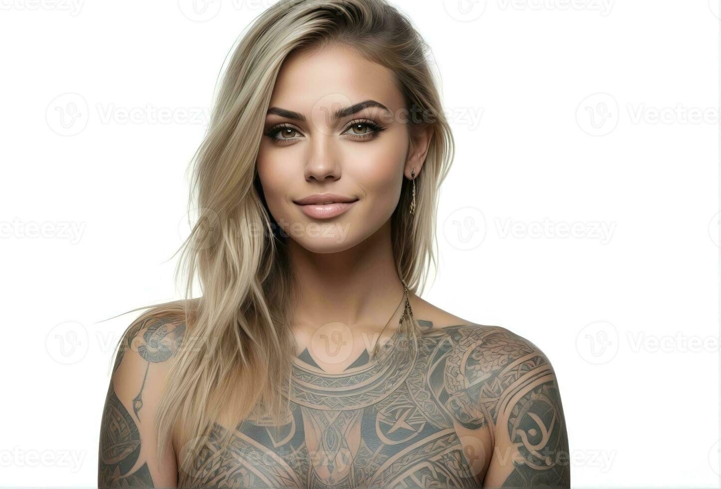 AI generated Portrait of a woman with a body full of artistic tattoos photo