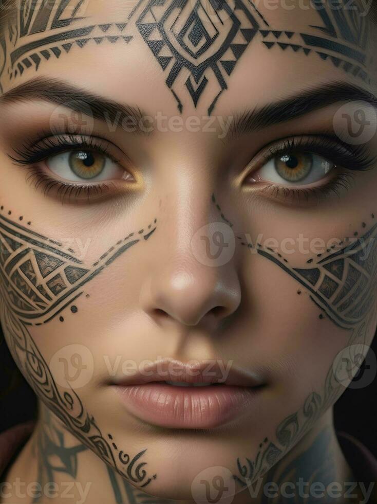 AI generated Portrait of a woman with a body full of artistic tattoos photo