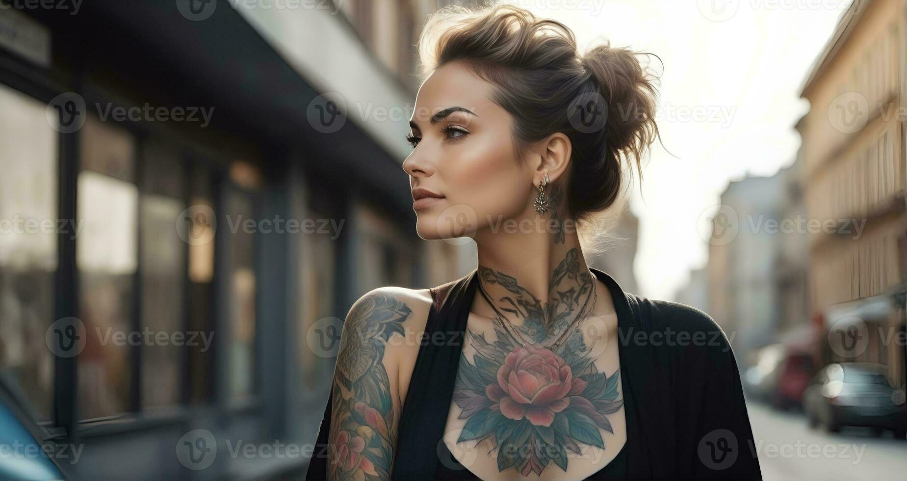 AI generated Portrait of a woman with a body full of artistic tattoos photo