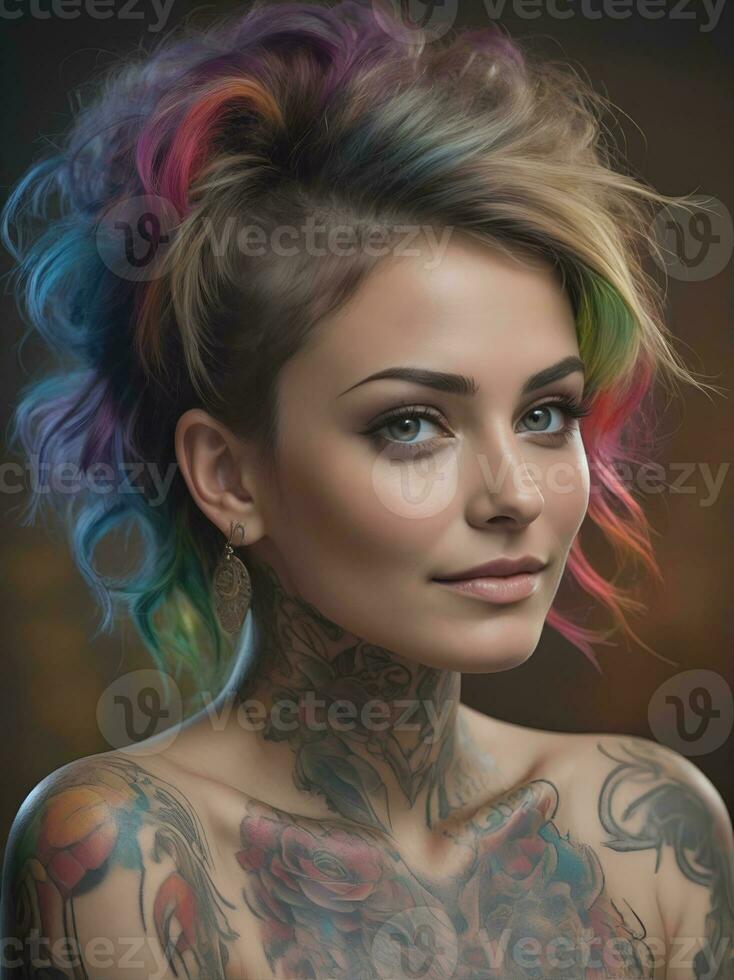 AI generated Portrait of a woman with a body full of artistic tattoos photo