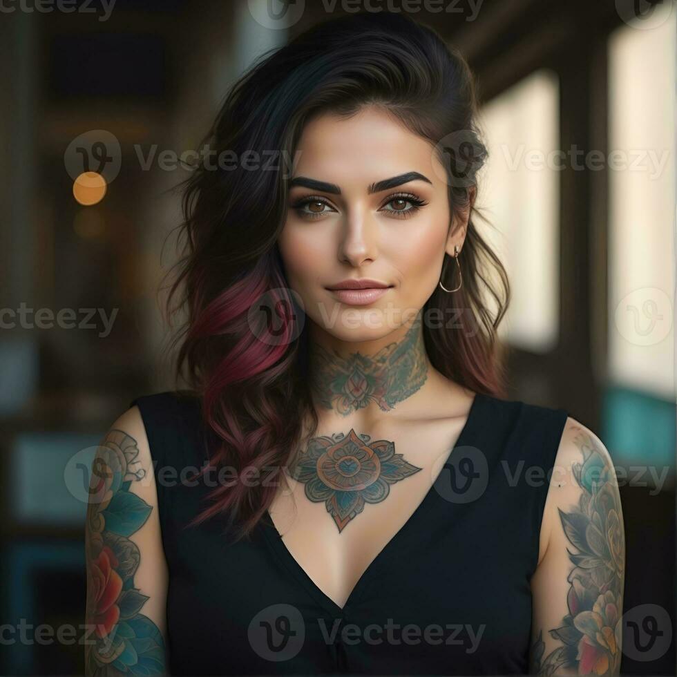 AI generated Portrait of a woman with a body full of artistic tattoos photo