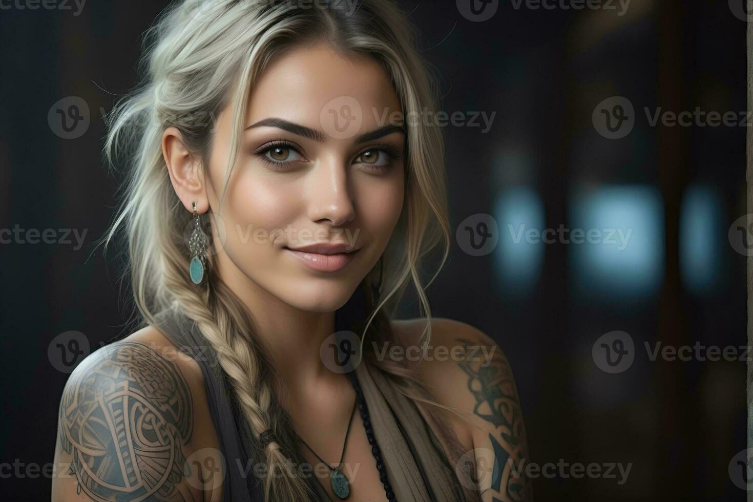 AI generated Portrait of a woman with a body full of artistic tattoos photo