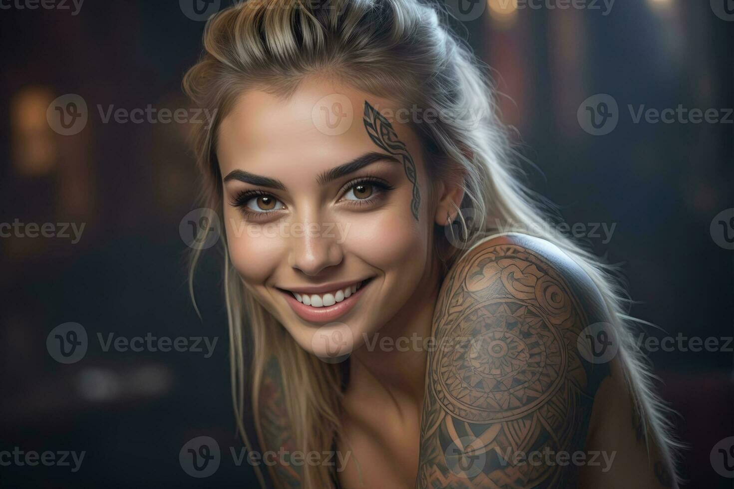 AI generated Portrait of a woman with a body full of artistic tattoos photo