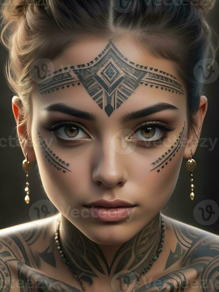 AI generated Portrait of a woman with a body full of artistic tattoos photo