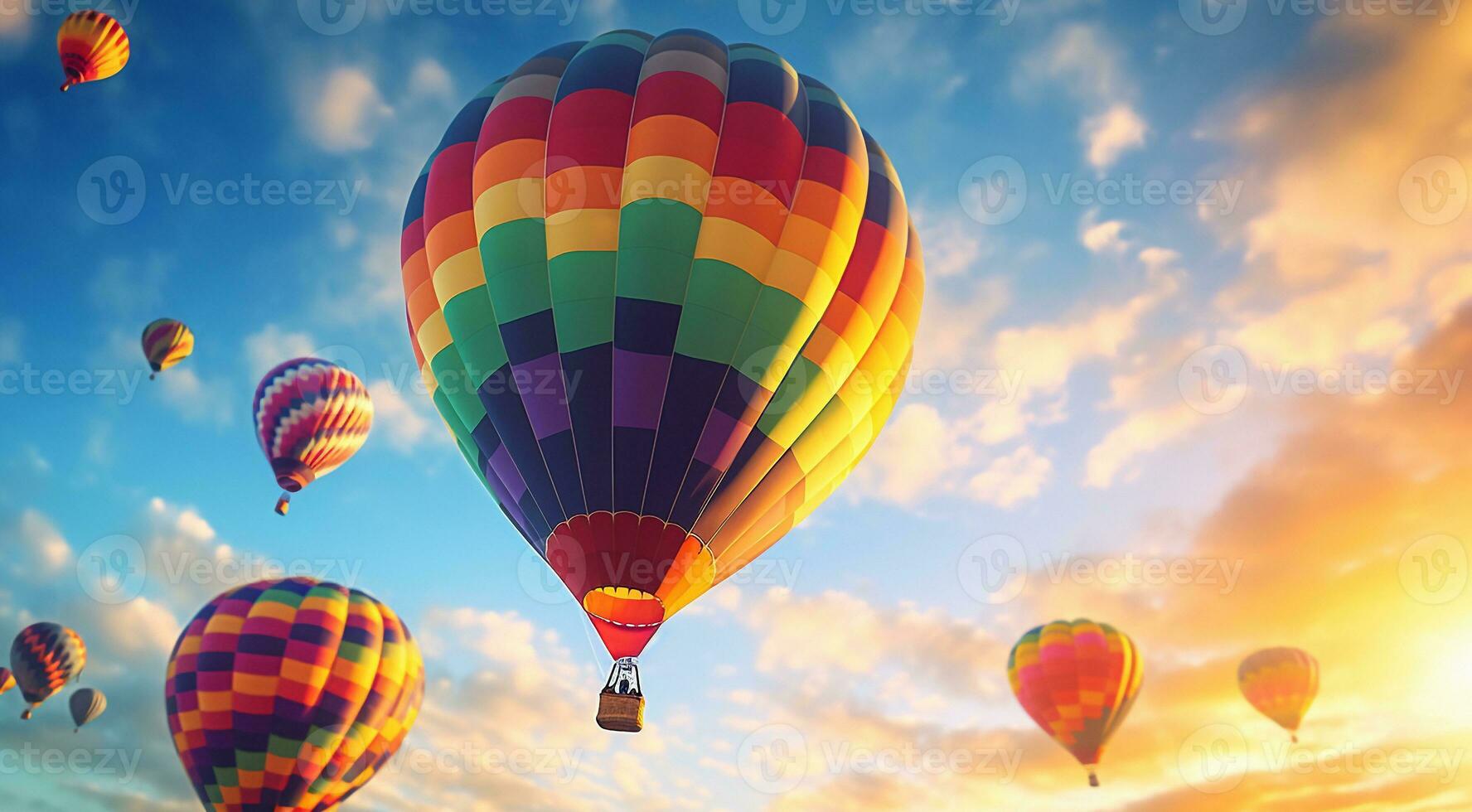 AI generated hot colored air balloons in sky, close-up of hot air balloons photo