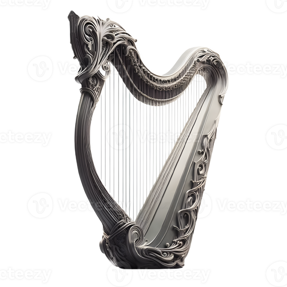 AI generated An isolated harp musical instrument cutout object on transparent background, PNG file