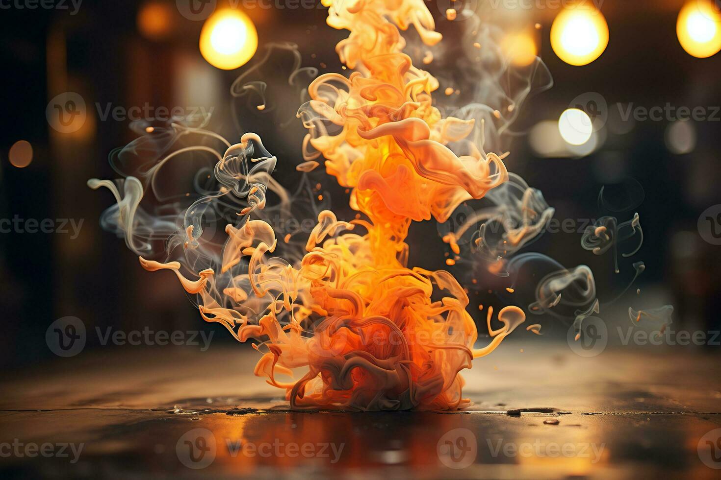 AI generated An orange puff of smoke over the asphalt. Abstract blurred background. Generated by artificial intelligence photo