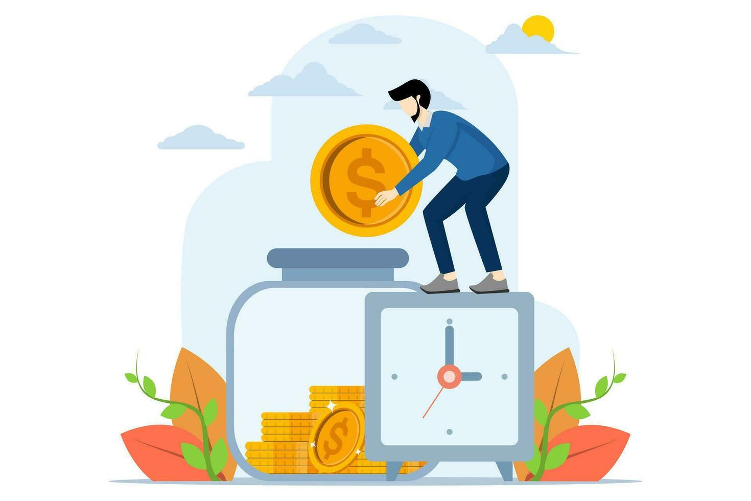 Concept of Investment or long term savings for retirement fund, Businessman standing constantly putting more dollar coins into his savings. compound interest or investment growth, tax time reminder. vector