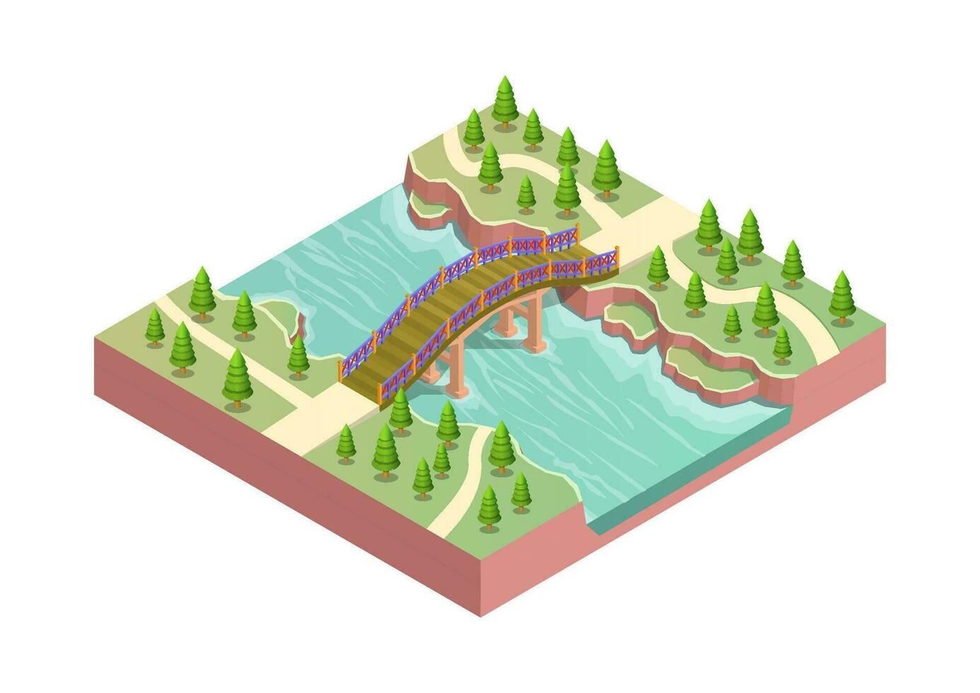 isométrica de madera puente terminado un río vector