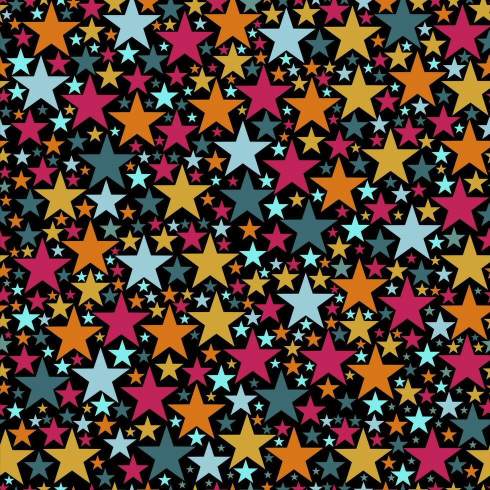 Cute festive background with colorful falling stars. Holiday seamless pattern. Ornament for gift wrapping paper, fabric, clothes, textile, surface textures, scrapbook. Vector illustration.