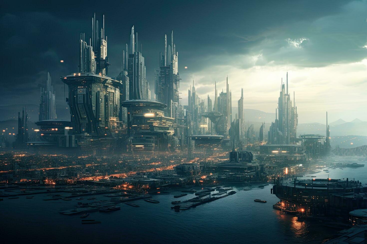 AI generated Futuristic city at night, 3d rendering toned image, AI Generated photo