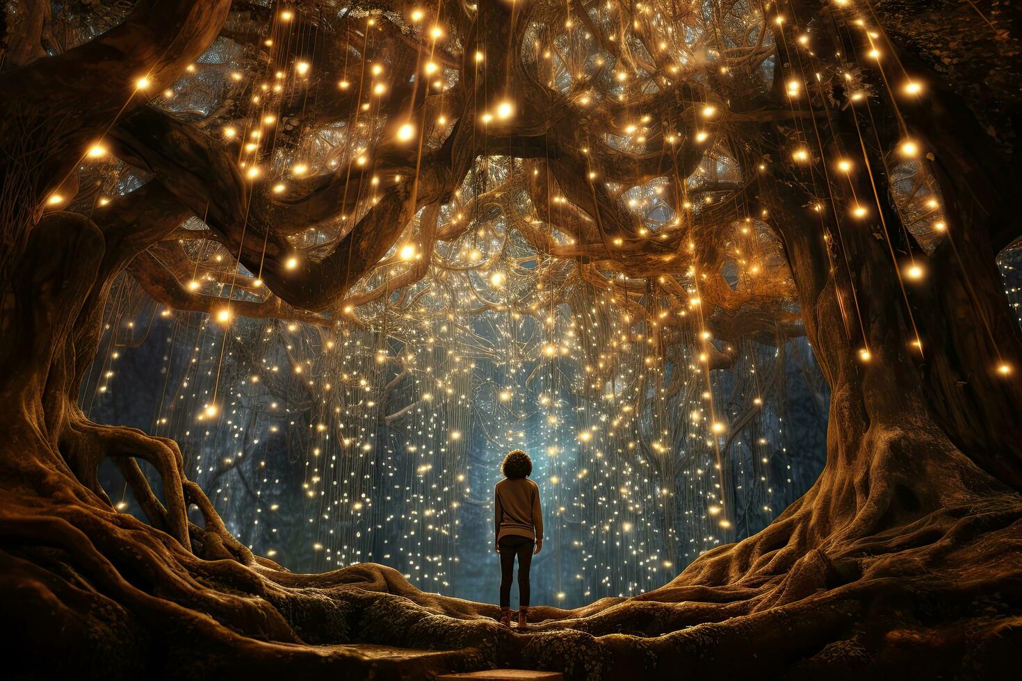 AI generated Woman standing in a fairy forest with big tree and lights. Mixed media, AI Generated photo