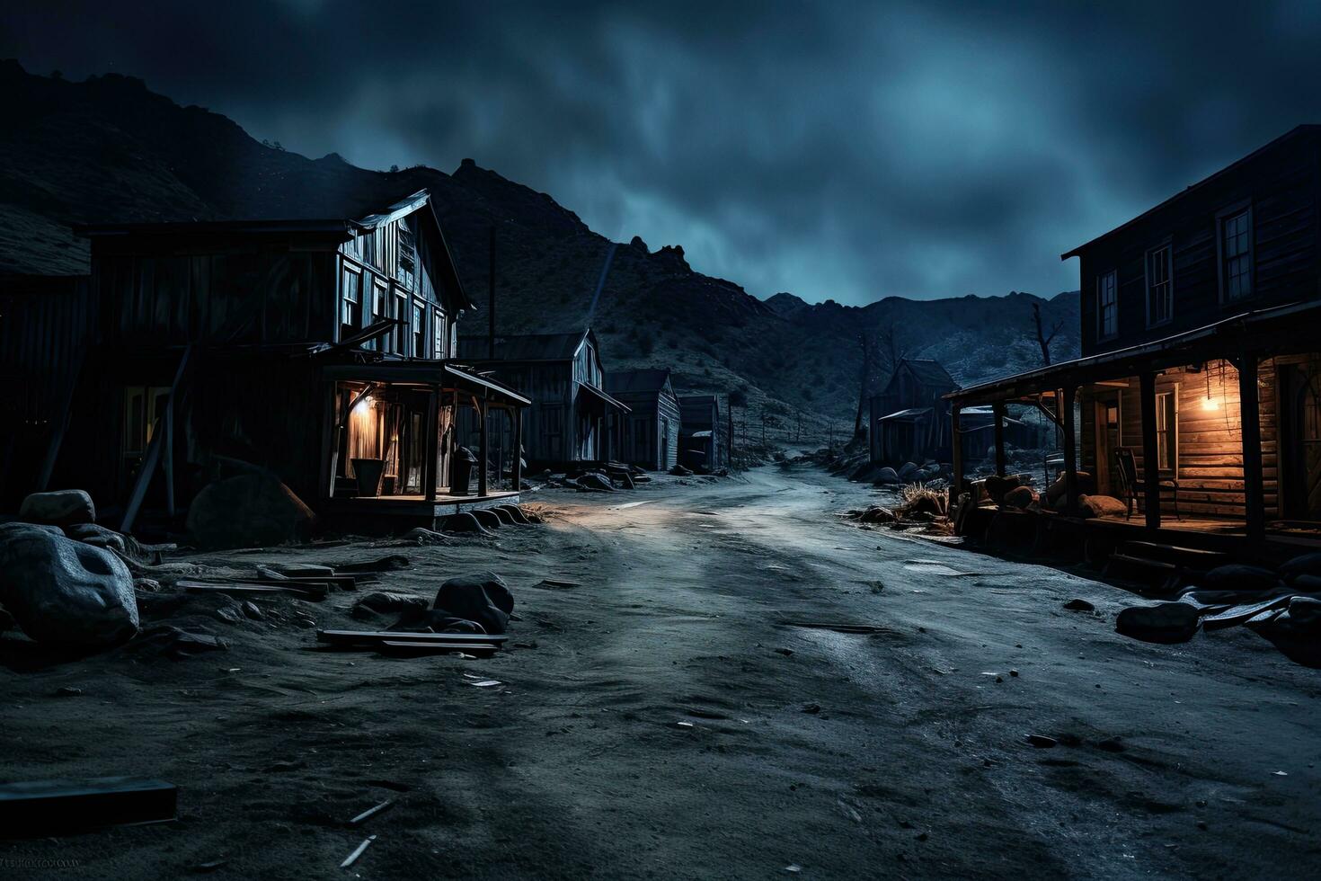 AI generated Abandoned ghost town in the mountains at night. Halloween concept, AI Generated photo