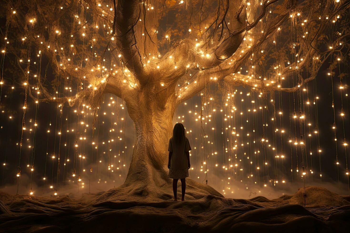 ai generado silueta de un mujer en pie en el forma de un árbol y mirando a el ligero bombillas hada luces en el fondo, ai generado foto