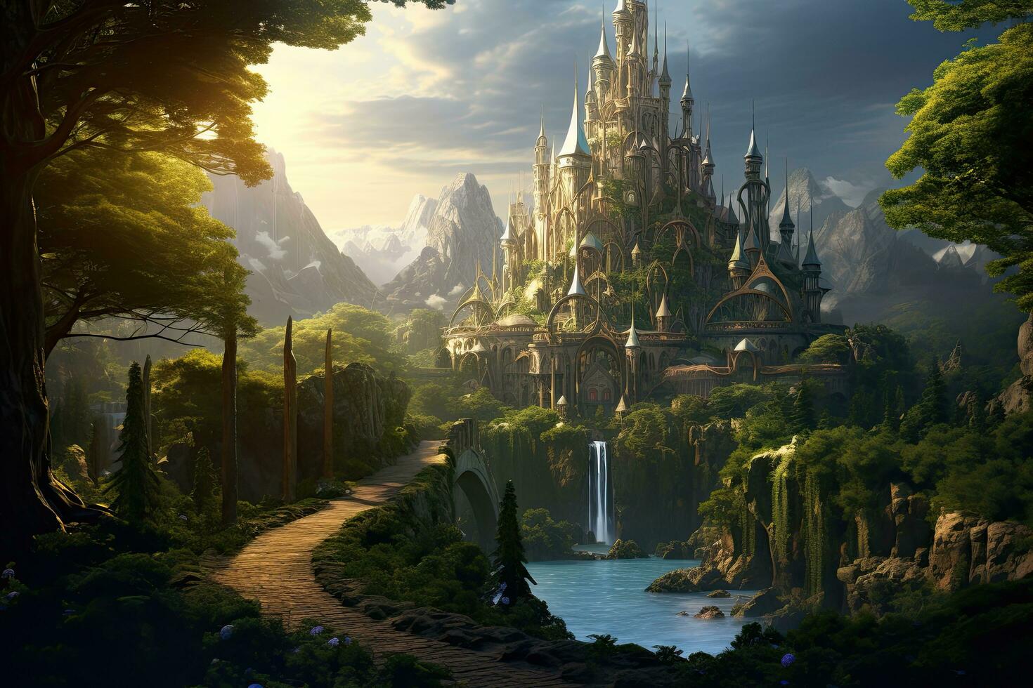 ai generado magia hada cuento paisaje con castillo y cascada. 3d representación, ai generado foto