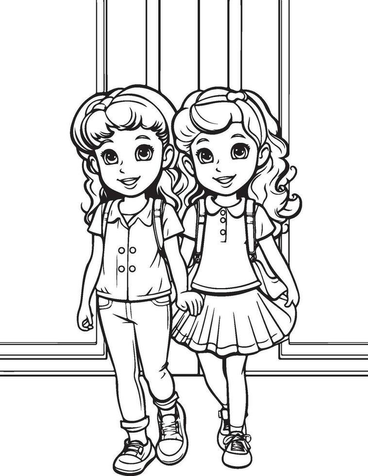 two girl kids models coloring page vector