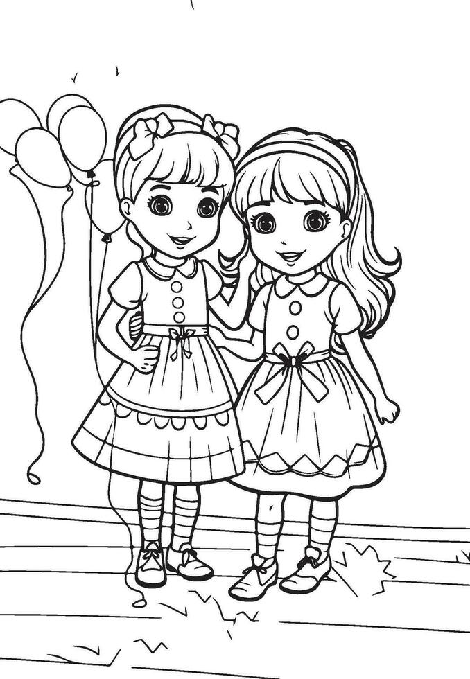 two girl kids models coloring page vector