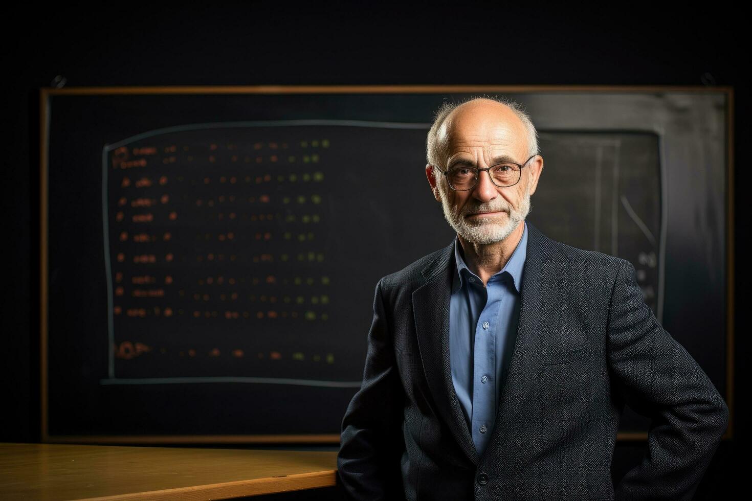 AI generated Portrait of a senior teacher in front of a blackboard, A distinguished professor in front of a classic blackboard, AI Generated photo