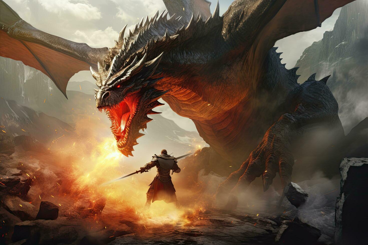 AI generated Fantasy scene with a dragon and a warrior. 3d rendering, AI Generated photo