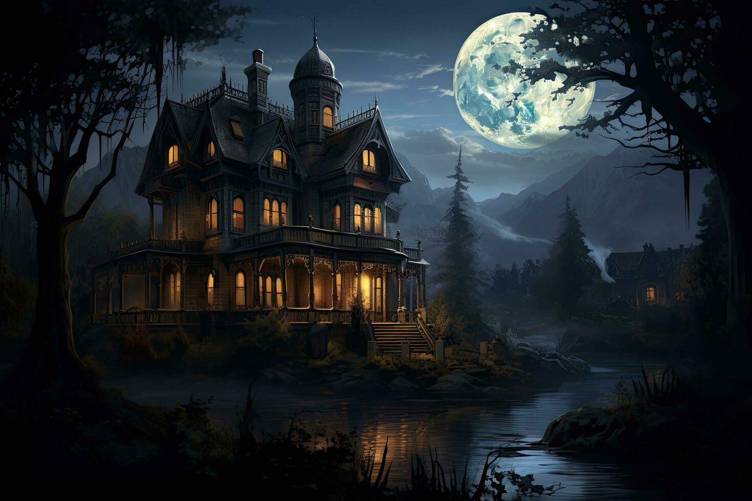 AI generated Halloween night scene with haunted house and full moon. 3D rendering, AI Generated photo