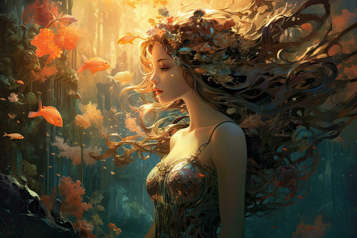 ai generado 3d representación de un hermosa sirena en un fantasía bosque, ai generado foto