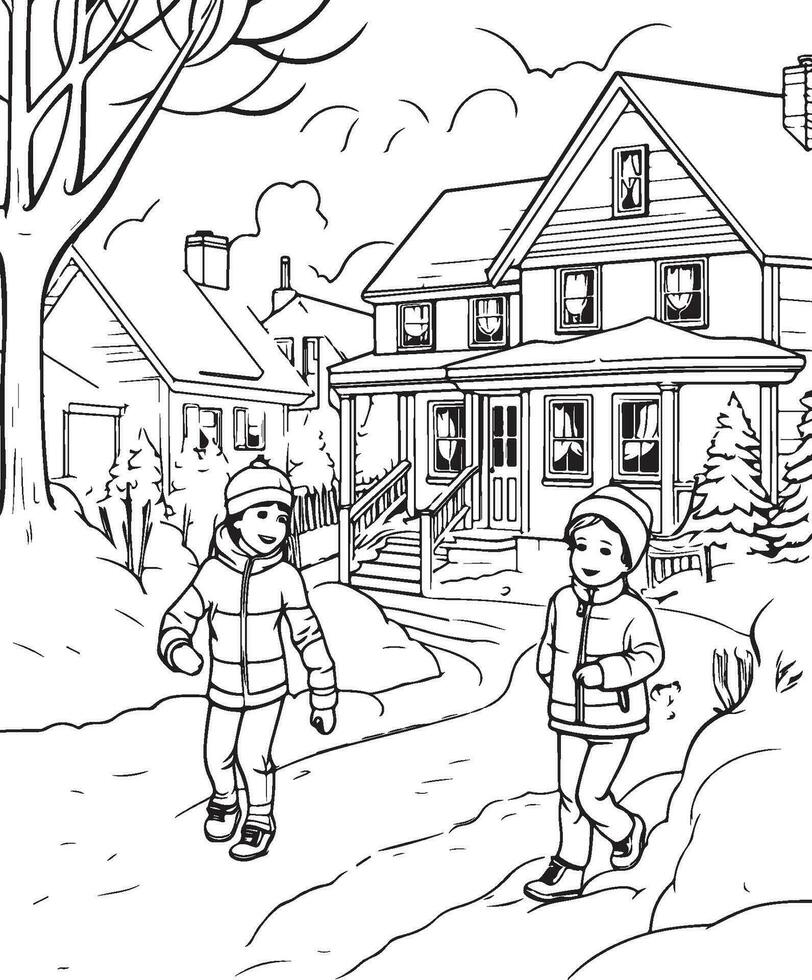 winter scene coloring page vector