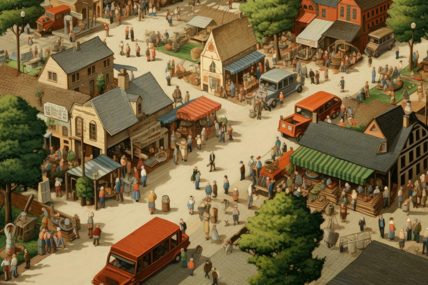 AI generated Grand Maket Russia. Grand Maket Russia the worlds largest model of Russia from Kaliningrad to the Far East, Bird's eye view of a busy farmers market in a small town, AI Generated photo
