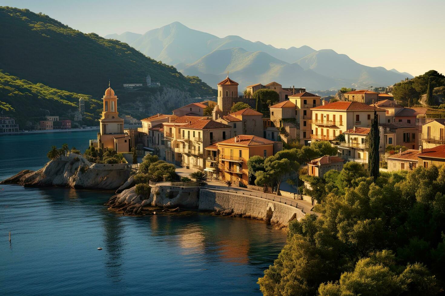 ai generado panorámico ver de puertofino, liguria, Italia, ai generado foto