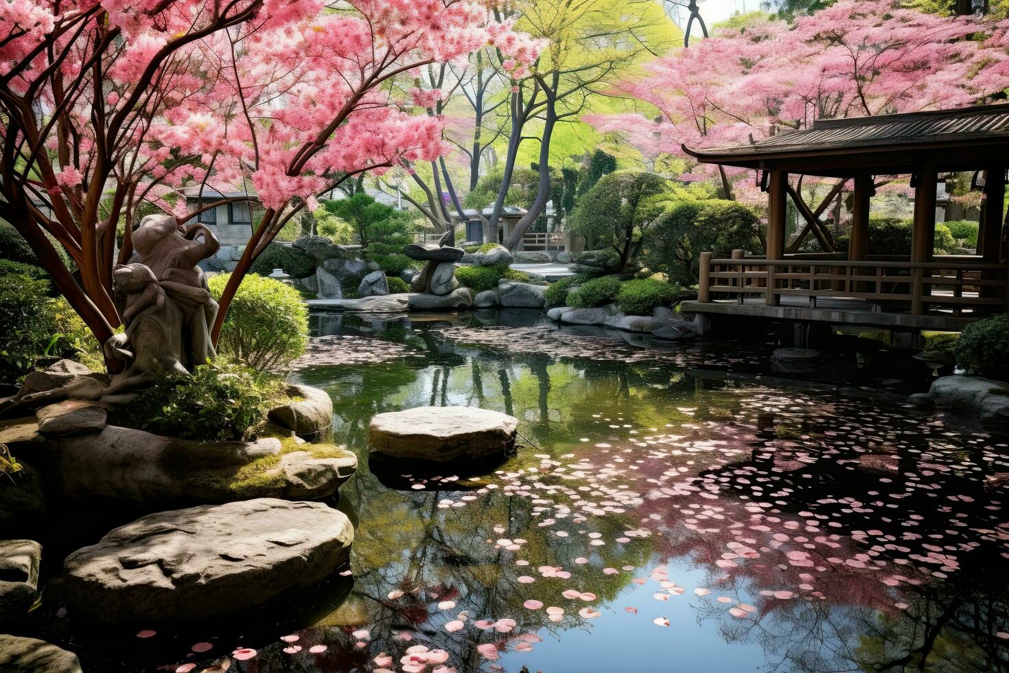yu 「Blossom」「Dawn」「Pond」三点まとめ AI generated Japanese garden with cherry blossom trees and