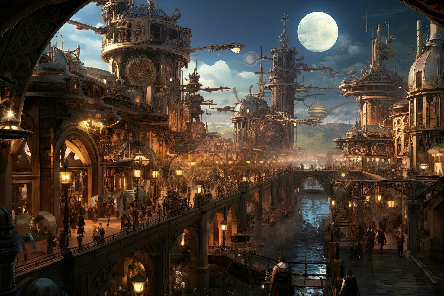 AI generated Fantasy landscape of the old town in the moonlight. 3D rendering, AI Generated photo
