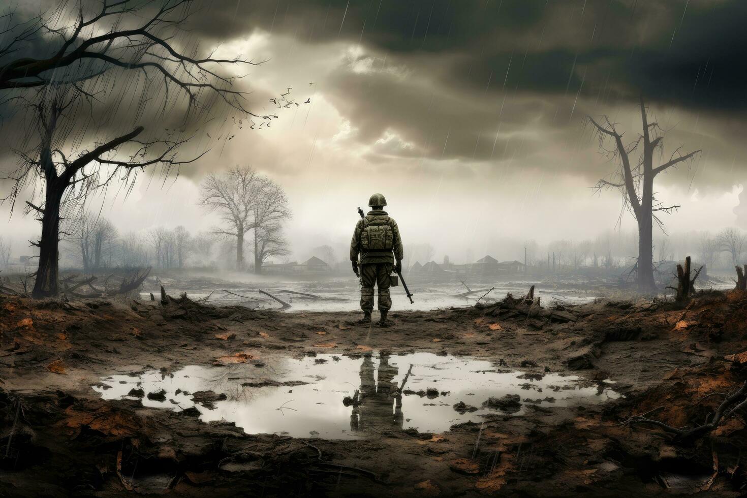 AI generated War Concept. Military silhouettes fighting scene on war fog sky background, World War Soldiers Silhouettes Below Cloudy Skyline at sunset, AI Generated photo