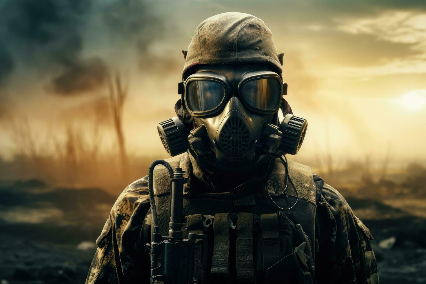 AI generated Portrait of a special forces soldier in a gas mask on the background of the city, AI Generated photo